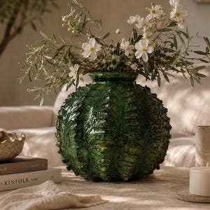 Tamegroute Dragon Skin Vase, Handmade Moroccan Ceramic, Sculptural Green Pottery
