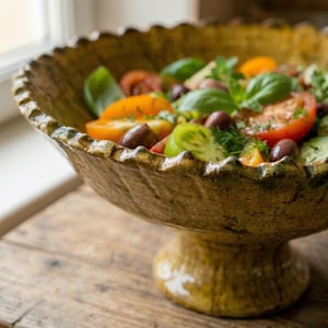 Ręcznie robiona misa na postumencie z ochry Tamegroute, marokańska szkliwiona ceramiczna miska na owoce lub danie główne