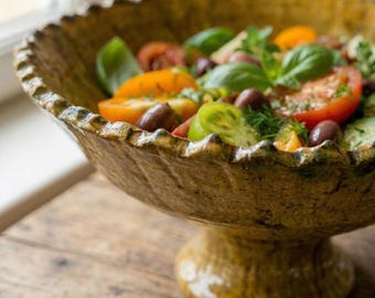 Handmade Tamegroute Ochre Pedestal Bowl, Moroccan Glazed Ceramic Fruit or Centerpiece Dish
