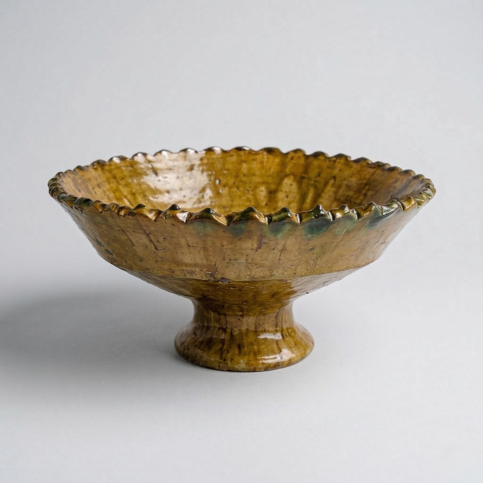 Handmade Tamegroute Ochre Pedestal Bowl, Moroccan Glazed Ceramic Fruit or Centerpiece Dish - Extra Large (30cm)