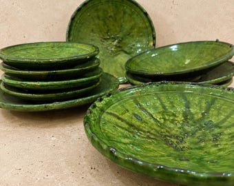 Platos marroquíes Tamegroute – Juego de cerámica rústica verde hecha a mano
