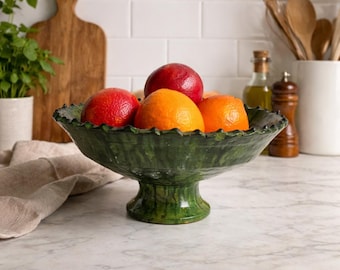 Bol de pedestal verde Tamegroute hecho a mano, frutero de cerámica marroquí, decoración rústica Wabi Sabi.