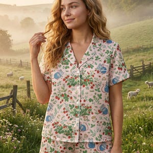 Puede incluir: Conjunto de pijama rosa con estampado de fresas y ratones. La parte superior de manga corta y los pantalones cortos tienen ribetes blancos. El fondo muestra un campo con ovejas y una valla de madera.