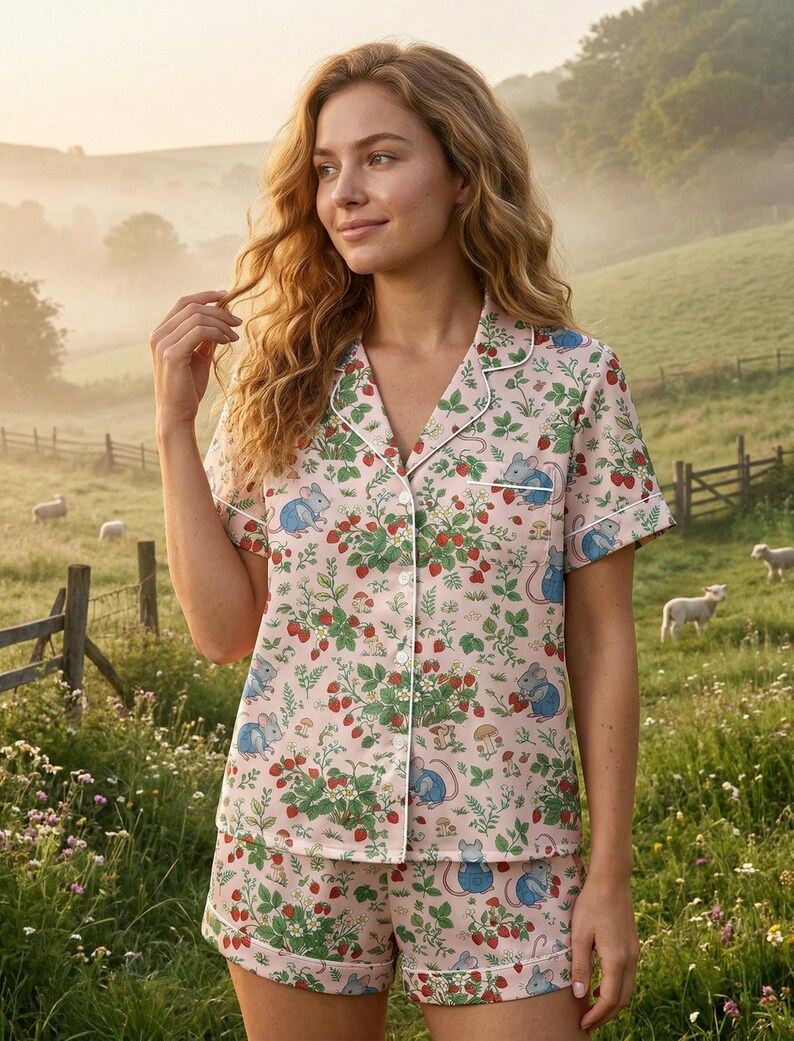 Puede incluir: Conjunto de pijama rosa con estampado de fresas y ratones. La parte superior de manga corta y los pantalones cortos tienen ribetes blancos. El fondo muestra un campo con ovejas y una valla de madera.