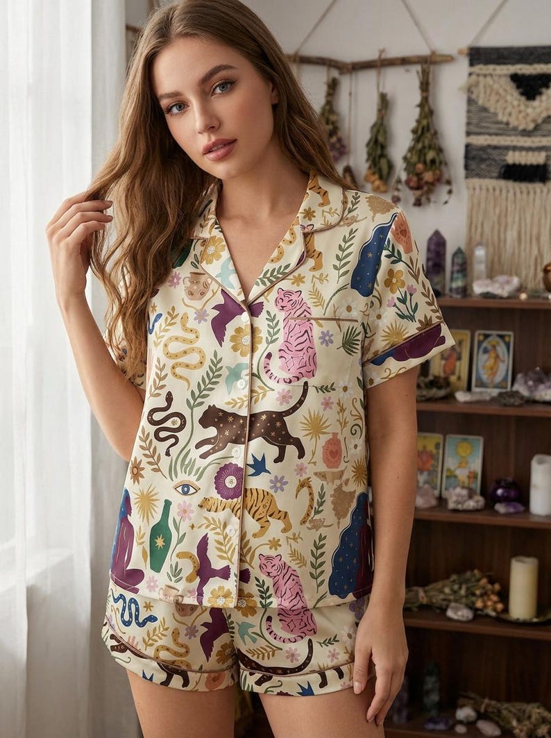 Conjunto de pijama feminino de manga curta – Estampa animal e botânica de Runescape, roupa de dormir aconchegante para ela, presente místico e bruxo. imagem 5