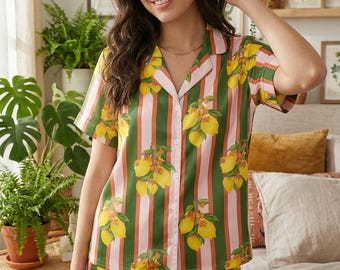 Vintage Mango Print Pajama Set, Hand-Drawn Fruit Striped Sleepwear, Silky Satin Tropical PJs, Cottagecore Garden Gift for Her