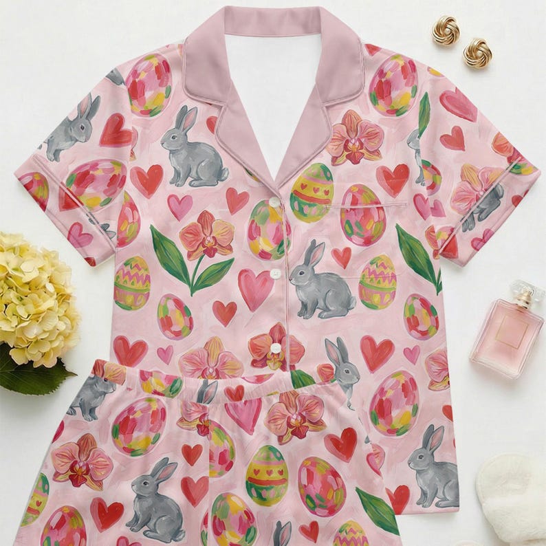 Puede incluir: Conjunto de pijama rosa con tem&aacute;tica de Pascua. La parte superior de manga corta y los pantalones cortos est&aacute;n adornados con ilustraciones de conejos grises, huevos de Pascua decorados, corazones rojos y orqu&iacute;deas. El conjunto tiene cuello y ribete rosa claro.