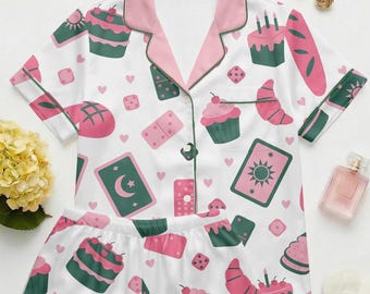 Conjunto de pijama curto feminino com estampa de sobremesas