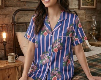 Fig Stripe Pajama Set for Women, Satin Fruit Pajamas, Cottagecore Summer Sleepwear, Cute Sleepover Pajamas, Bridesmaid Loungewear