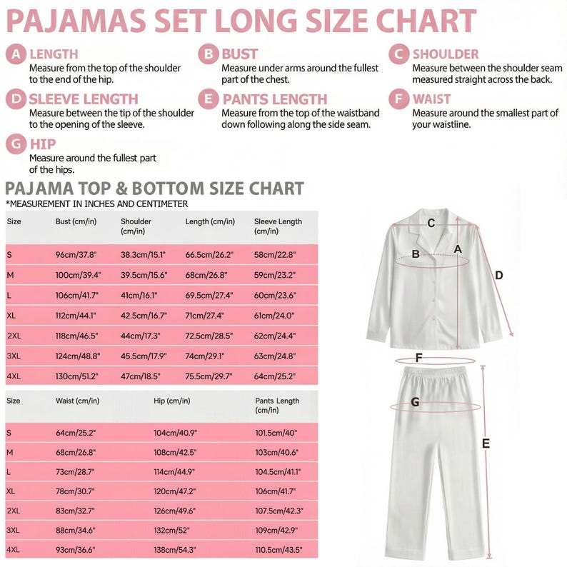 May include: A pajama set long size chart with measurements in inches and centimeters. The chart includes bust, shoulder, length, and sleeve length measurements for sizes S to 4XL. A diagram of a pajama top and pants is also included.