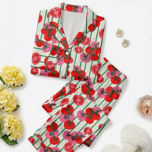 Pigiama a maniche lunghe da donna – Pigiama con stampa di pomodori e design a righe, comodo abbigliamento da casa