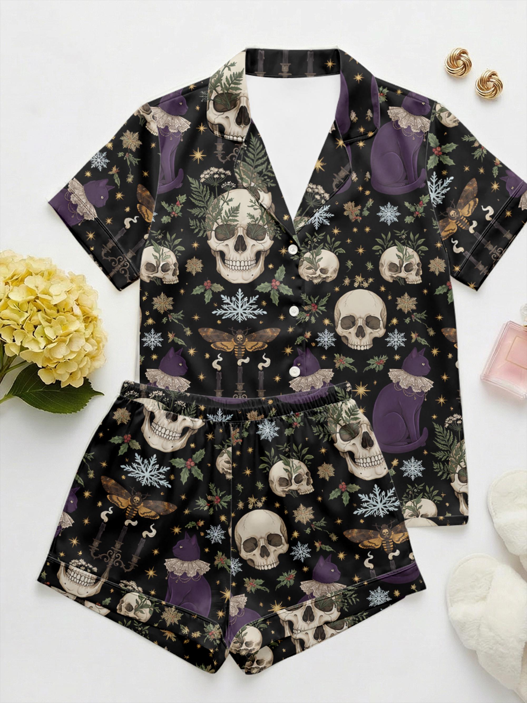 Gothic Black Cat and Skull Pajama Set, Witchy Mystical Satin Sleepwear ...