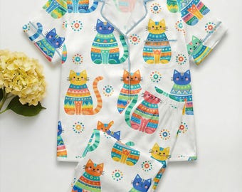 Cat Satin Pajama Set, Cute Cat Sleepwear, Women’s Lounge Pajamas, Summer Sleepwear Cat Meme Xmas Wedding Pajamas,  Gift for Her