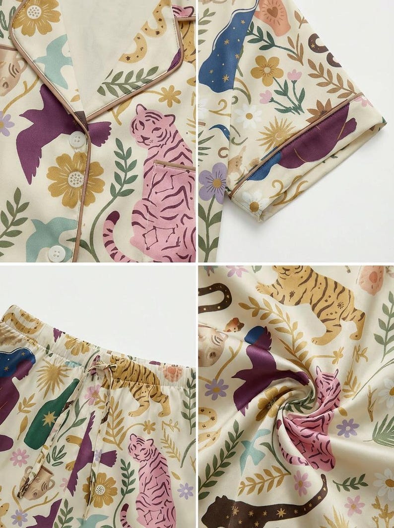 Conjunto de pijama feminino de manga curta – Estampa animal e botânica de Runescape, roupa de dormir aconchegante para ela, presente místico e bruxo. imagem 6