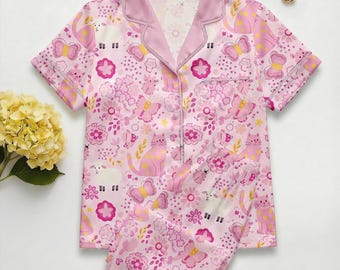 Pink Cat Pajama Set for Women | Short Sleeve Lounge Sleepwear, Satin Pajama Set, Cat Meme Xmas Wedding Pajamas,  Gift for Her