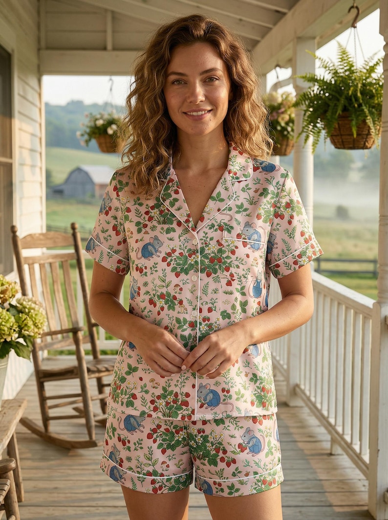 Puede incluir: Conjunto de pijama rosa con estampado de fresas y ratones. La camiseta de manga corta y los pantalones cortos tienen ribetes blancos. El estampado incluye fresas rojas, hojas verdes y ratones azules.