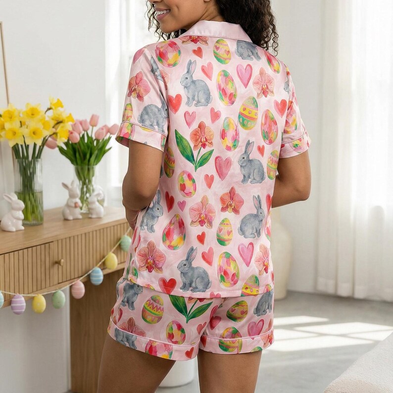Puede incluir: Conjunto de pijama rosa con tem&aacute;tica de Pascua con una camisa abotonada de manga corta y pantalones cortos a juego. El conjunto est&aacute; adornado con un estampado de conejitos grises, huevos de Pascua decorados, corazones rosas y orqu&iacute;deas. El pijama tiene ribete blanco.