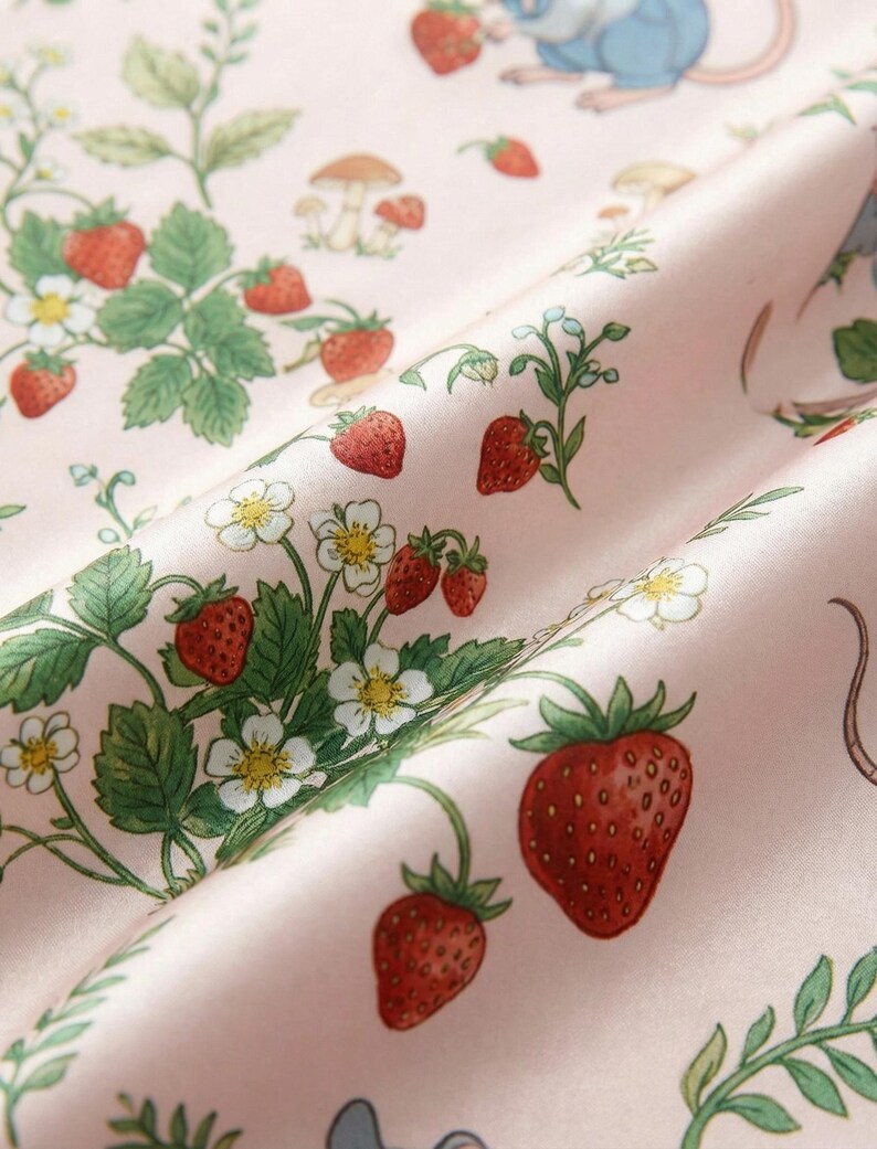Puede incluir: Primer plano de una tela rosa con un patr&oacute;n repetido de fresas, flores blancas, hojas verdes y peque&ntilde;os hongos. La tela tambi&eacute;n presenta ilustraciones de ratones azules y grises.