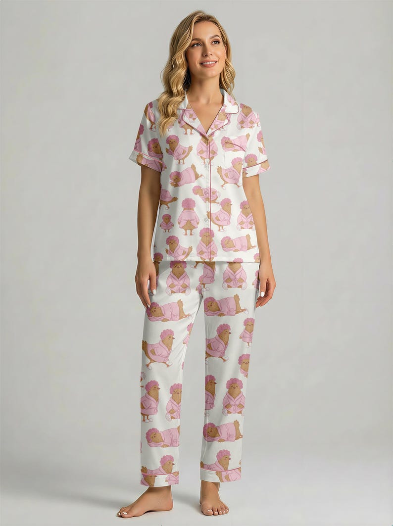 Cute Chicken Pajama Set for Women, Pink Farm Animal Pajamas ...