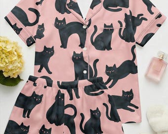 Cat Mom Gift - Cute Kitten Print Pajama Set - Silky Satin Summer Sleepwear - Gift for Pet Lovers