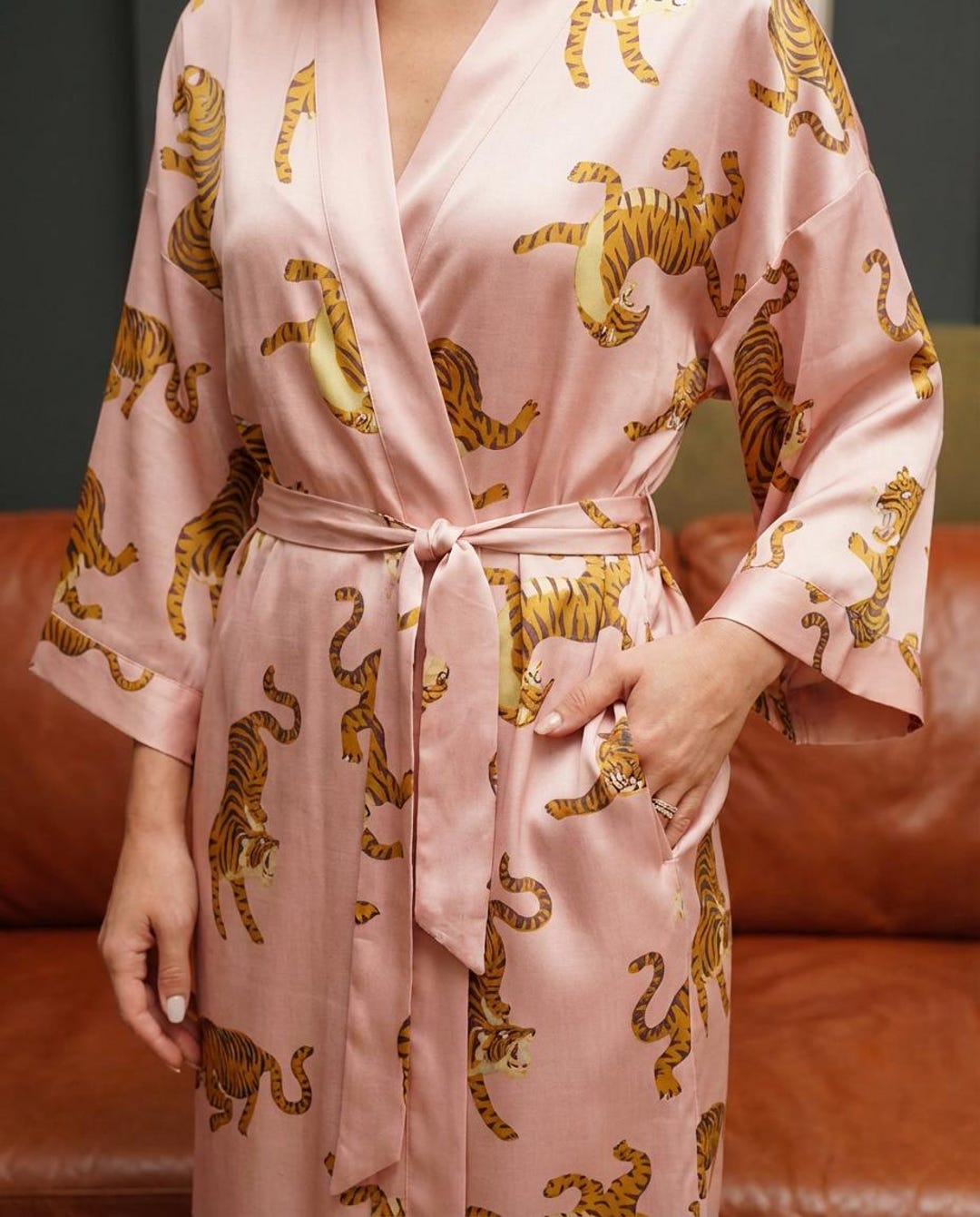 Tiger Print Satin Kimono Robe, Silk-touch Lounge Wear, Botanical ...
