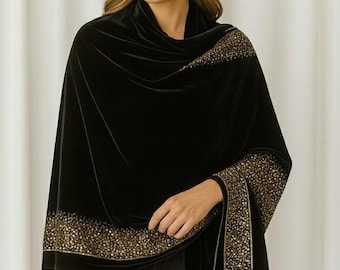 Luxury Black Velvet Shawl with Exquisite Stone Embroidery - Elegant Evening Wrap