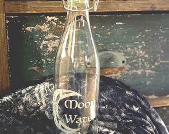 Engraved Moon Water Glass Bottle with Flip-Top Clasp – Witch Altar Decor