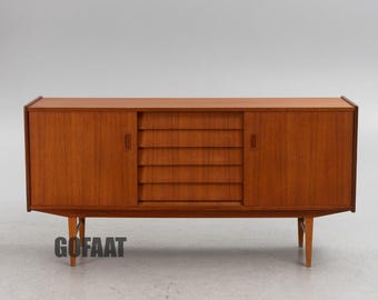 Handmade Refinished Teak Sideboard Tambour Drawers Mid Century Modern Cabinet Tapered Legs Vintage Style Storage Console Dining Room