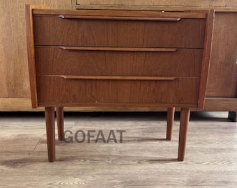 Handcrafted Style Teak Drawer Cabinet Danish style, Wooden Chest Small Storage Unit Brown Wood Organizer with Decorative Handles