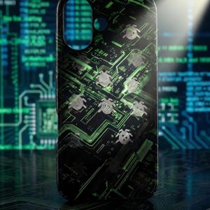 Könnte beinhalten: Eine schwarze Smartphone-Hülle mit grünem Leiterplattenmuster und mehreren kleinen, hellen Käfer-Symbolen auf der Oberfläche. Die Hülle hat einen Kameraausschnitt und den Text, Ghost engraving visible in direct light.