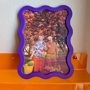 May include: A framed photograph with a wavy purple border. The photo depicts two people wearing 3D glasses, standing in front of a tree. One person holds a bucket, the other a shopping cart. The frame sits on an orange shelf.