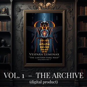 May include: A framed digital print featuring a detailed illustration of a wasp labeled "Vespara Luminax, The Lantern-Fang Wasp." The print is set against a dark, antique library backdrop with bookshelves and the text "VOL. 1 - THE ARCHIVE."