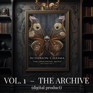 May include: A framed digital print featuring a detailed illustration of a moth with skull-like markings on its wings. The artwork is titled "Acherion Chasma" and "The Gravewing Moth." The print is part of "VOL. 1 - THE ARCHIVE."