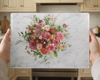 Floral Glass Cutting Board – Romantic Rose Bouquet Design | Decorative Kitchen Board | Cottage core Kitchen Decor | Unique Housewarming Gift
