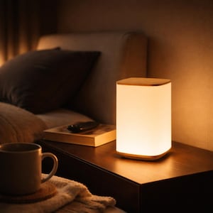 Peut inclure: Une lampe de chevet rectangulaire avec un dessus et une base en bois émet une lumière chaude. Elle est posée sur une table de nuit en bois sombre, à côté d'une tasse à café et d'un livre. La lumière douce de la lampe crée une atmosphère relaxante.