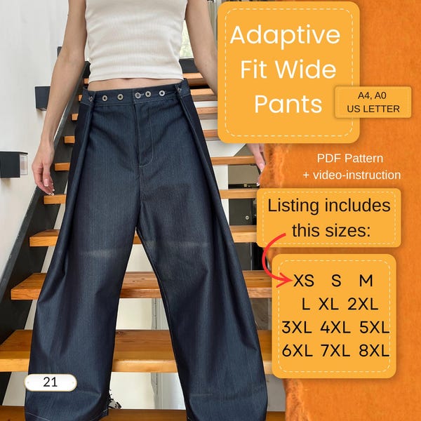 Adaptive Fit Wide Leg Pants Sewing Pattern | Unisex Adjustable Design (XS-8XL) PDF