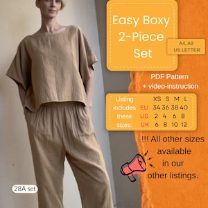 May include: A two-piece set in a neutral tan color. The set includes a boxy top with short sleeves and matching wide-leg pants. The image also includes text that says "Easy Boxy 2-Piece Set" and size information.