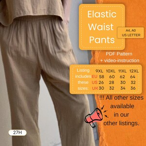 May include: Tan elastic waist pants. The image includes a tan top and pants set. The image also includes a yellow sign with the text "Elastic Waist Pants" and size information. The pants are available in sizes US 26-32.