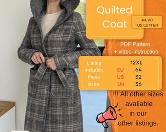 Women's Quilted Coat Sewing Pattern with Hood & Belt (PDF Pattern) | 64 size
