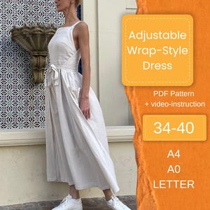 Puede incluir: Una mujer con un vestido blanco ajustable estilo envolvente y zapatillas blancas. El vestido tiene una cintura con lazo y un escote cuadrado. El texto en la imagen dice: "Adjustable Wrap-Style Dress" y "34-40".