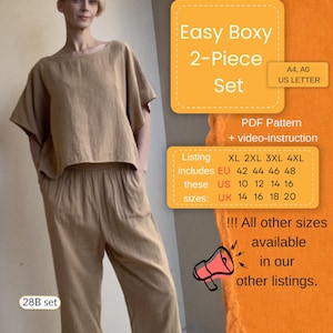May include: A woman models a beige linen two-piece set, comprising a boxy top and wide-leg trousers. The image features text stating "Easy Boxy 2-Piece Set" and size details in EU, US, and UK measurements. The set is a PDF pattern.