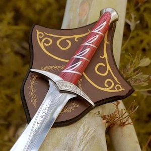 Könnte beinhalten: Ein dekoratives Schwert mit einem rot-silbernen Griff, das auf einem braunen Schild mit goldenen Akzenten ruht. Die Klinge des Schwertes ist silberfarben, und der Schild weist kunstvolle Details auf. Der Hintergrund ist eine verschwommene Ansicht von Blättern.