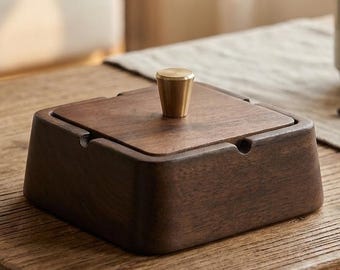 Cenicero de madera con tapa, cenicero de madera maciza sin humo, cenicero minimalista Japandi para puros, regalo decorativo para mesa de centro.