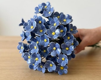 Tiges de fleurs en céramique faites à la main, décoration bleu myosotis, bouquet éternel cottagecore, cadeau de pendaison de crémaillère