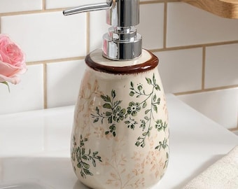 Floral Ceramic Soap Dispenser, Vintage Botanical Lotion Pump Bathroom Decor, Cottagecore Farmhouse Kitchen Gift Housewarming Coquette Green
