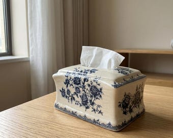 Funda para caja de pañuelos de cerámica azul y blanca, soporte de porcelana floral estilo chinoiserie, decoración para el hogar de estilo chino, regalo de inauguración de casa