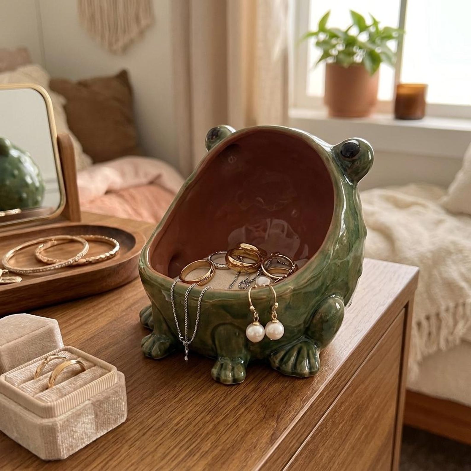Ceramic Frog Jewelry Dish, Big Mouth Toad Ring Trinket Catchall Bowl, Kawaii Cute Frog Desk Organizer Cottagecore Animal Decor Gift Lover
