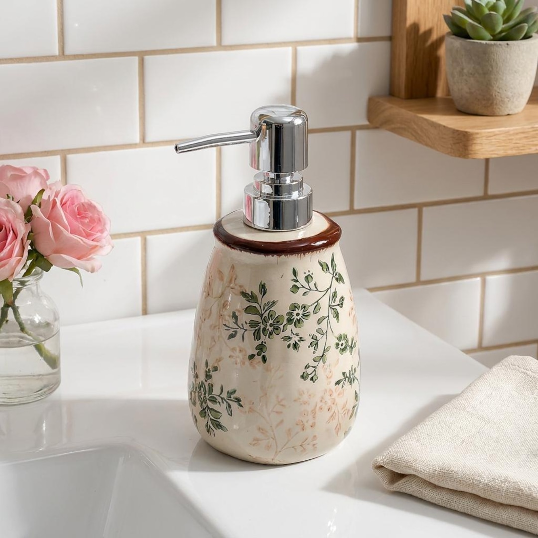 Floral Ceramic Soap Dispenser, Vintage Botanical Lotion Pump Bathroom Decor, Cottagecore Farmhouse Kitchen Gift Housewarming Coquette Green