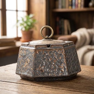 May include: A hexagonal ceramic ashtray with a lid and a brass handle. The ashtray has a textured, dark grey and bronze finish. It is displayed on a wooden surface, with a window and a bookshelf in the background.