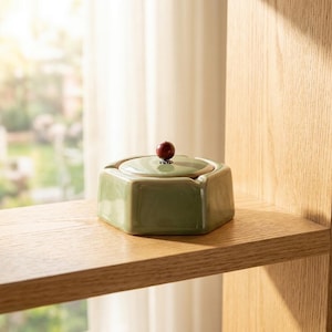 May include: A sage green ceramic ashtray with a hexagonal shape and a small, round, dark red knob on the lid. The ashtray sits on a wooden shelf, with a window and curtains in the background.